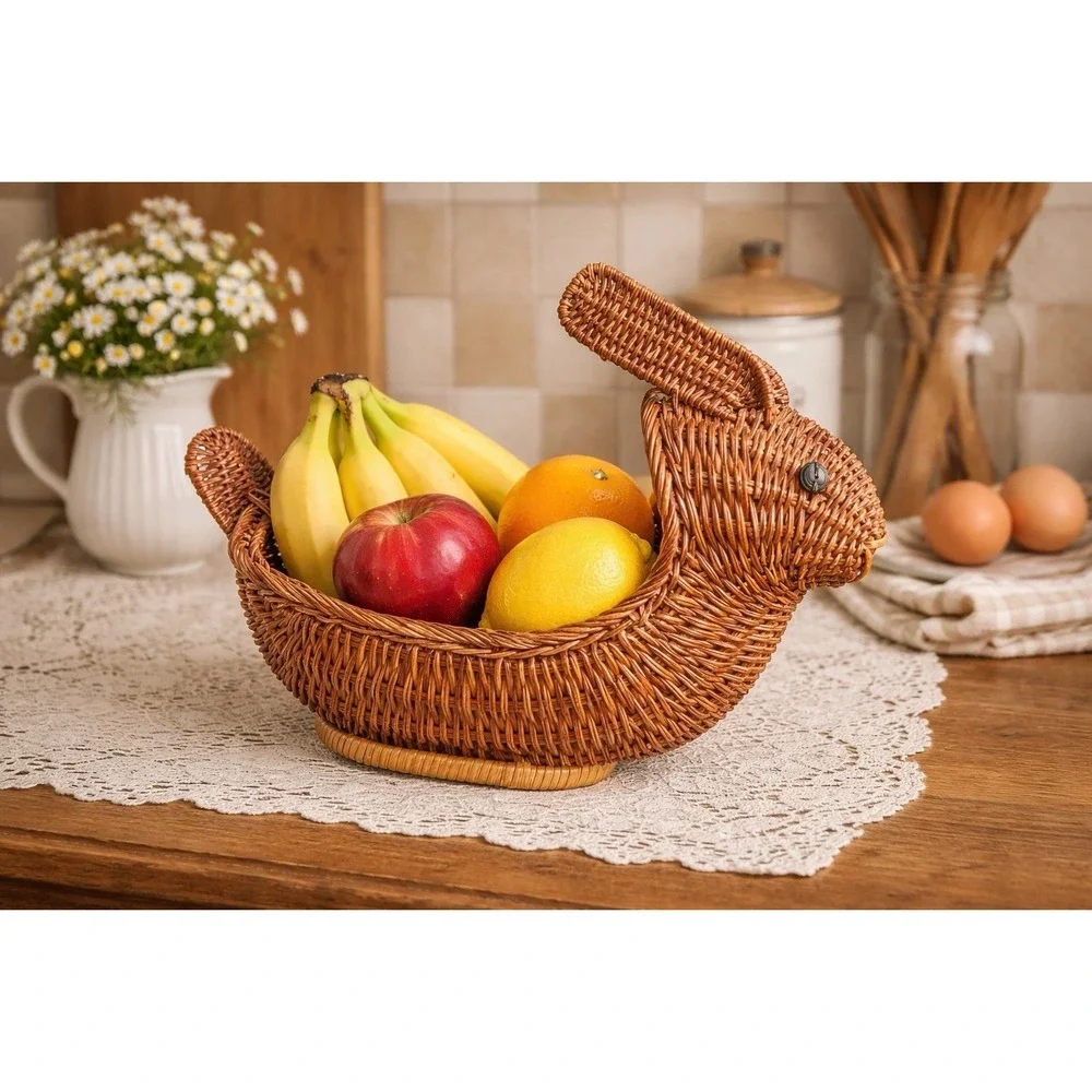 Vintage Wicker Rattan Bunny Rabbit Planter Basket Cottagecore Retro Decor